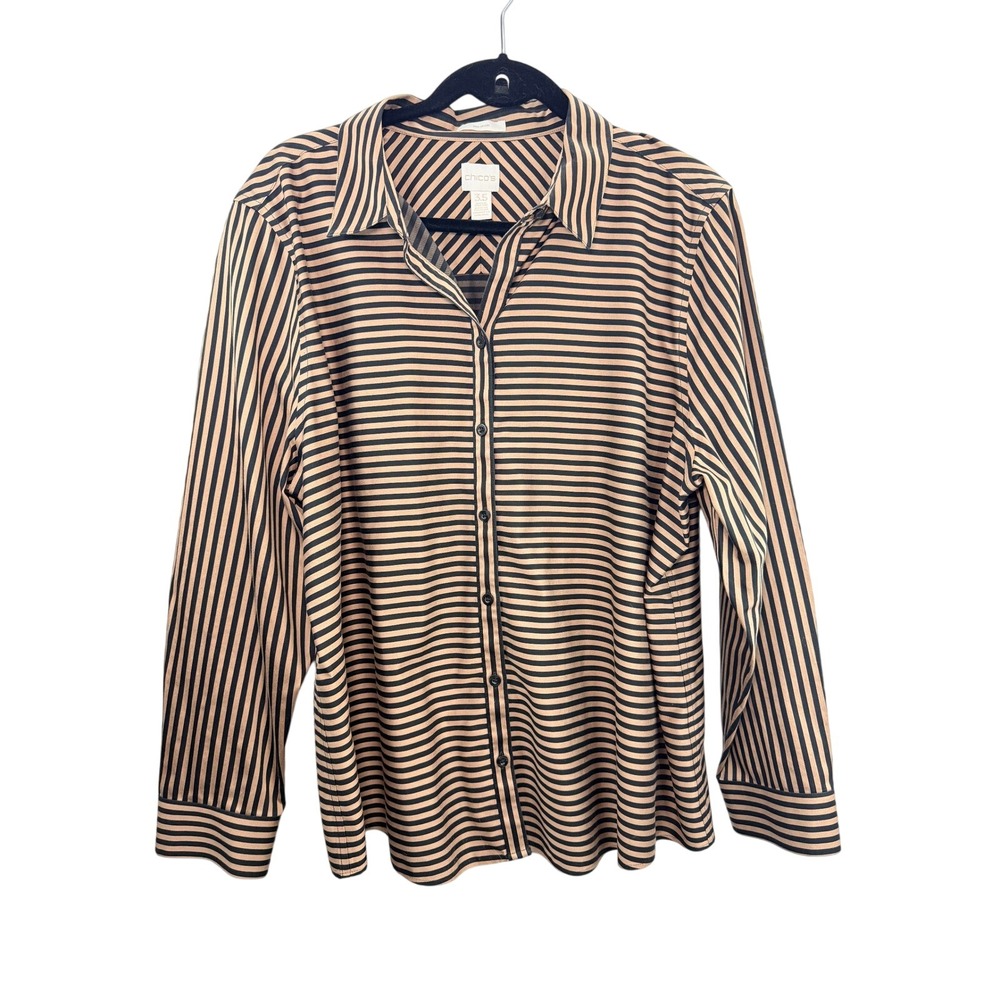 Chicos Striped Button Up‎ Shirt Women Size 3.5/18 Tan Black Long Sleeve No Iron